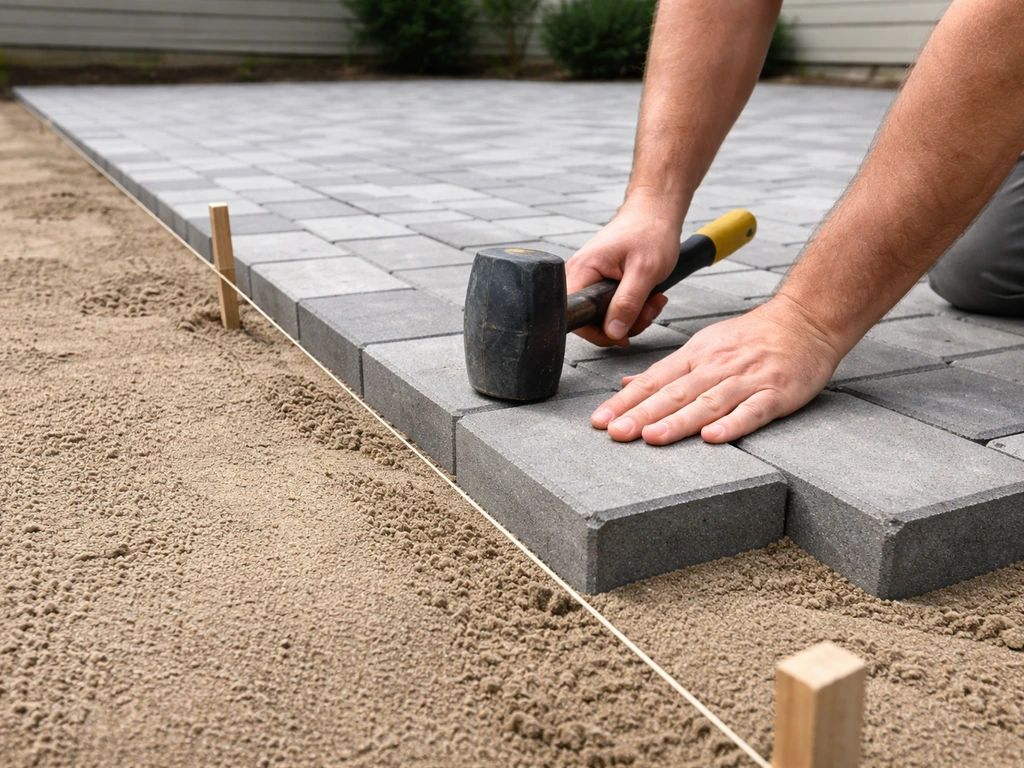 Hands press a paver into screed sand while a string line keeps rows straight for a patio.