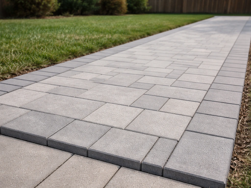 Finished gravel-free patio with clean paver surface and crisp edges in natural outdoor light.