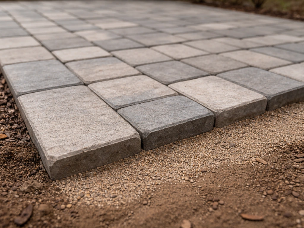 Interlocking pavers set over compacted crusher fines/decomposed granite base in a simple outdoor patio edge