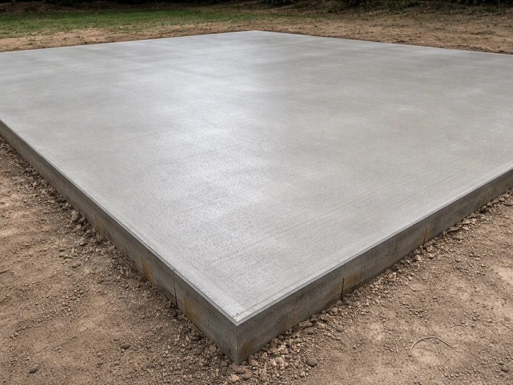 Freshly poured concrete slab patio with smooth finish and visible edge-form details