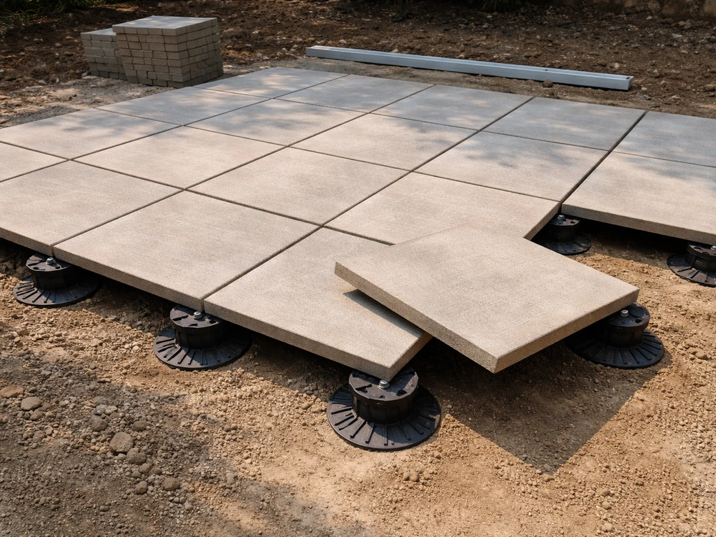 Square pavers elevated on adjustable pedestals, forming a clean level grid above bare ground.