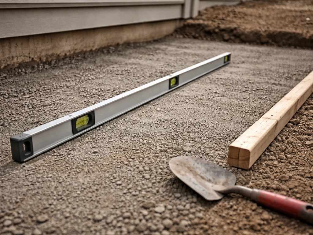 Spirit level on compacted patio base showing a subtle slope away from the house for drainage.