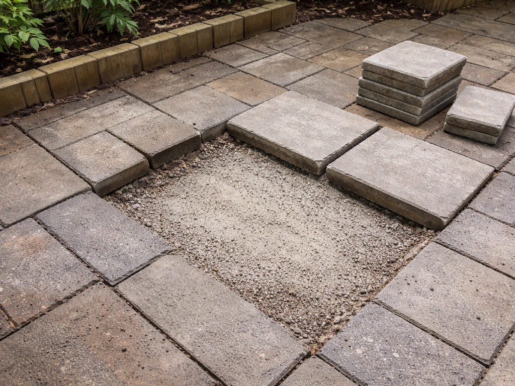 Backyard patio pavers lifted to reveal a newly leveled base under a settled, sinking section.