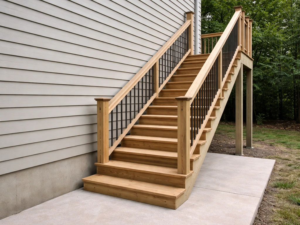 Completed DIY outdoor stairs with handrail connecting house to patio in natural light