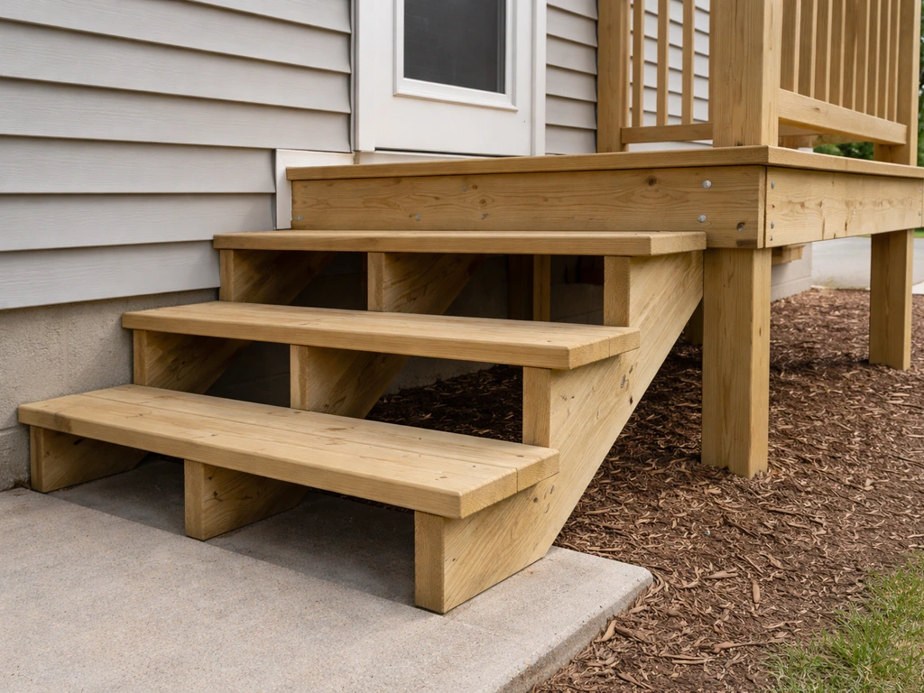 Exterior wooden stairs attached to a house with close-up view of stair stringer spacing and landing height.