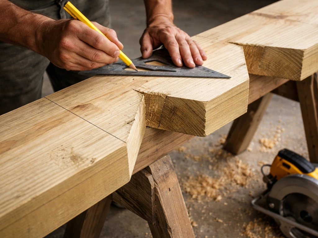 Close-up of a DIYer marking and notching a 2x12 stair stringer on a saw horse with a layout square.