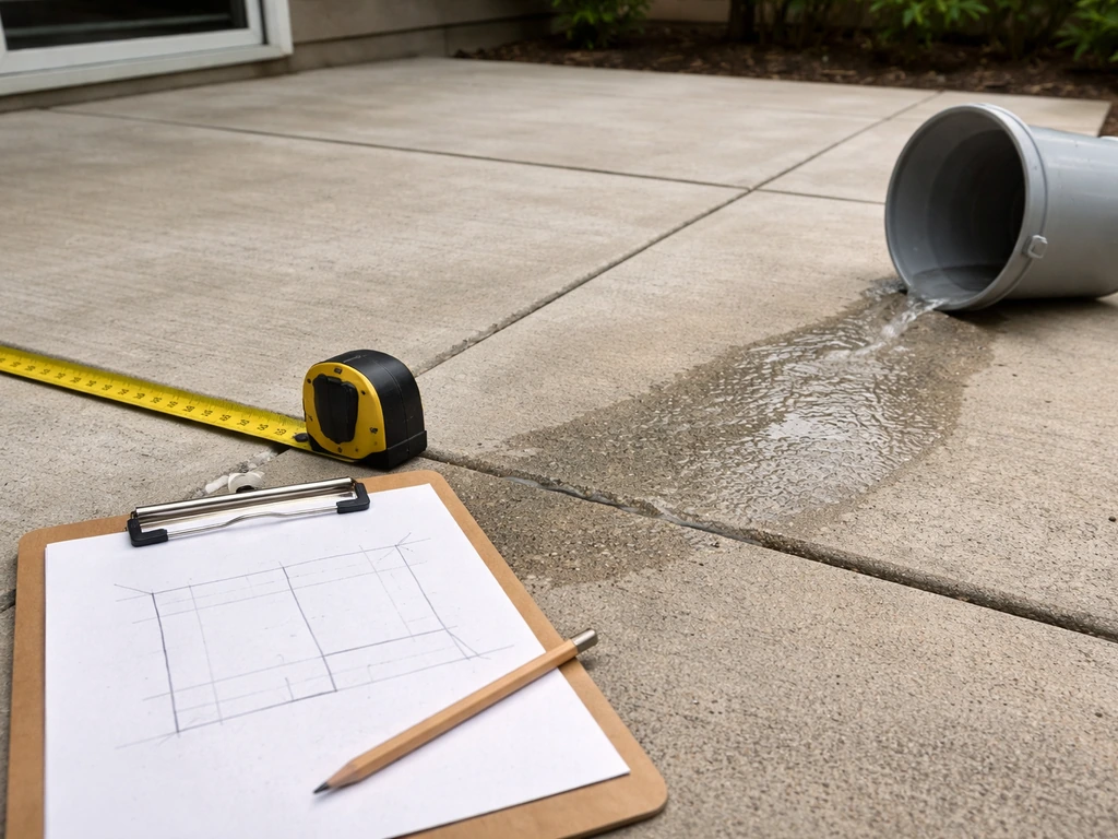 Measuring tape on a patio with a clipboard sketch and a bucket of water showing drainage flow.