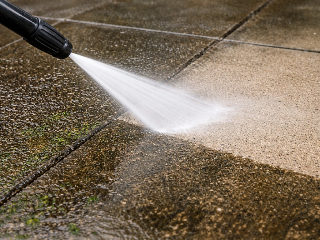Pressure washer spraying a concrete patio, grime and algae lifting in a visible spray pattern.