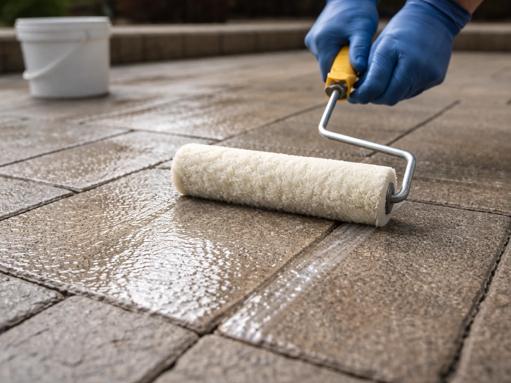 A roller applying clear sealer to a freshly cleaned concrete patio with wet sheen.