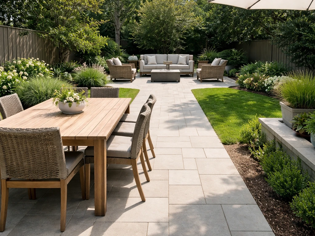 Outdoor patio dining table with chairs pulled out and a clear walkway between seating zones.