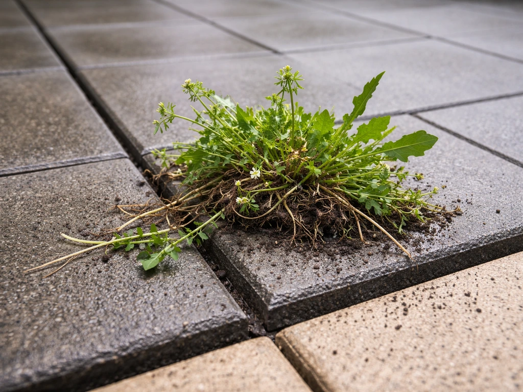 Close-up of weeds removed from paver joints, with a cleaned edge area ready for next patio steps.