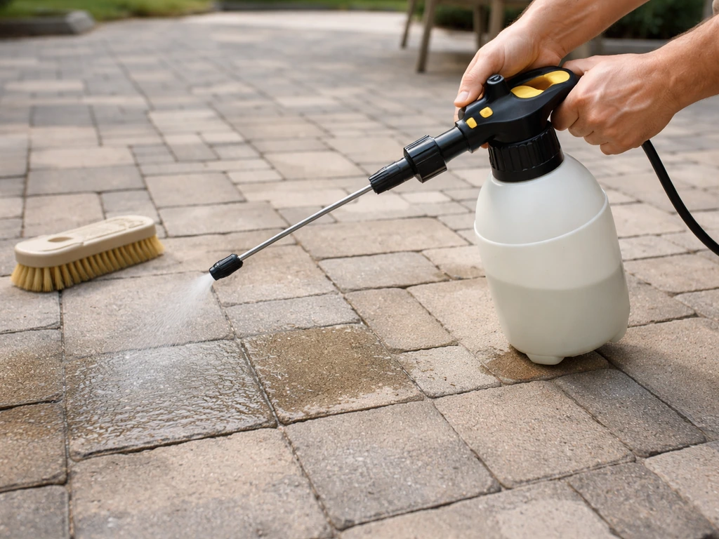 Hand applying outdoor cleaner from a pump sprayer onto a dry patio paver surface before scrubbing