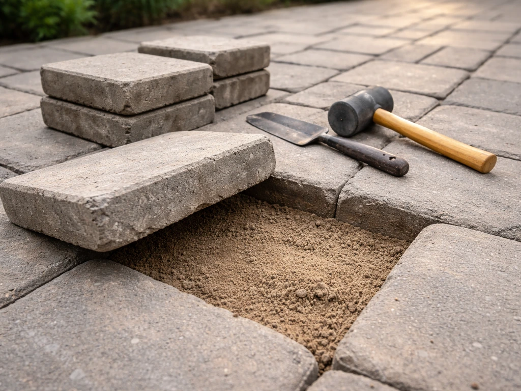 A lifted patio paver reveals bedding sand, with tools ready to reset it at the proper level.