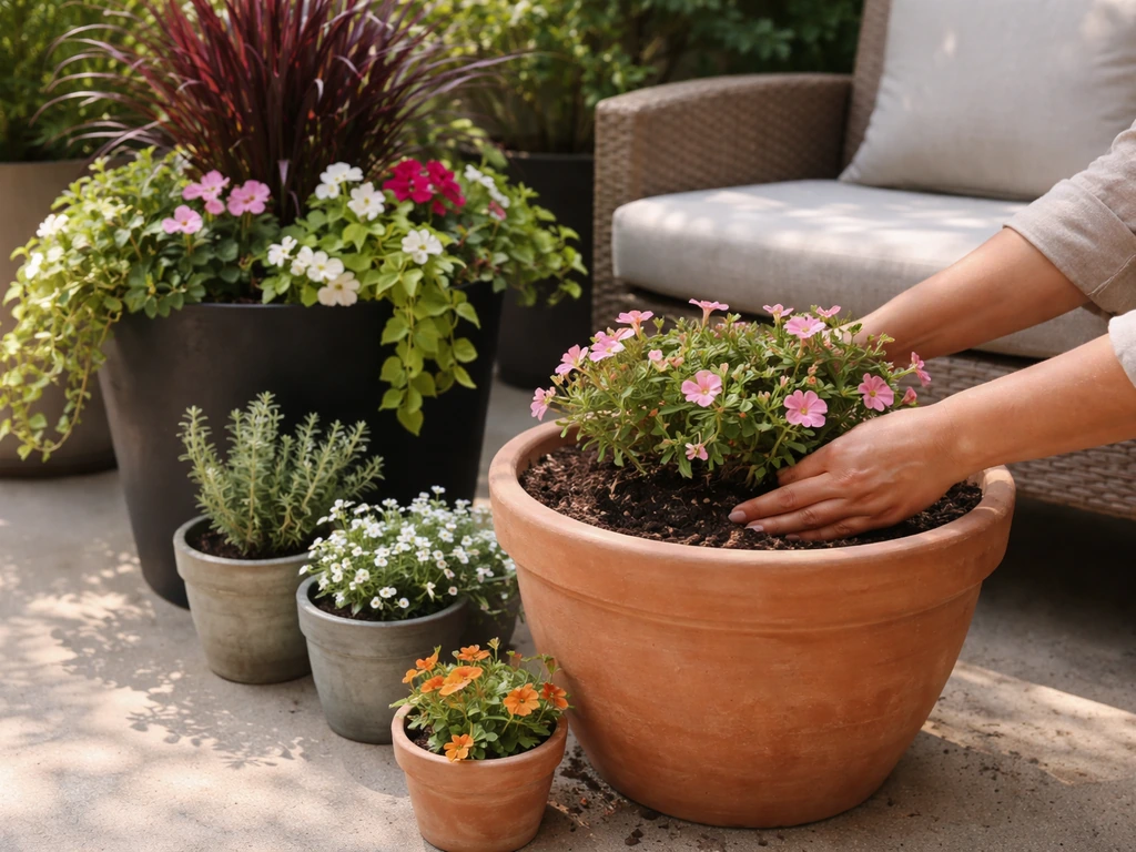 Minimal patio garden planting moment with tall thriller and low filler in layered containers