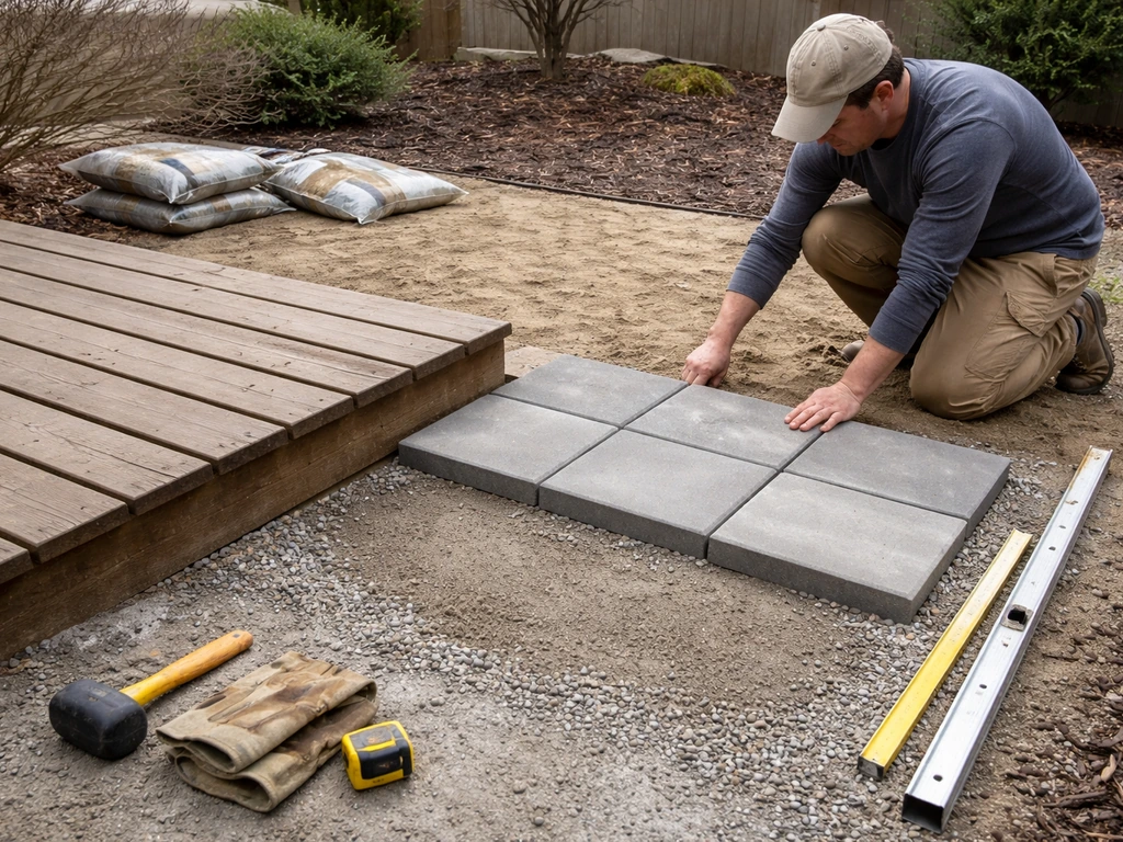 Homeowner working on deck-to-patio conversion with tools, pavers, and exposed base in progress.