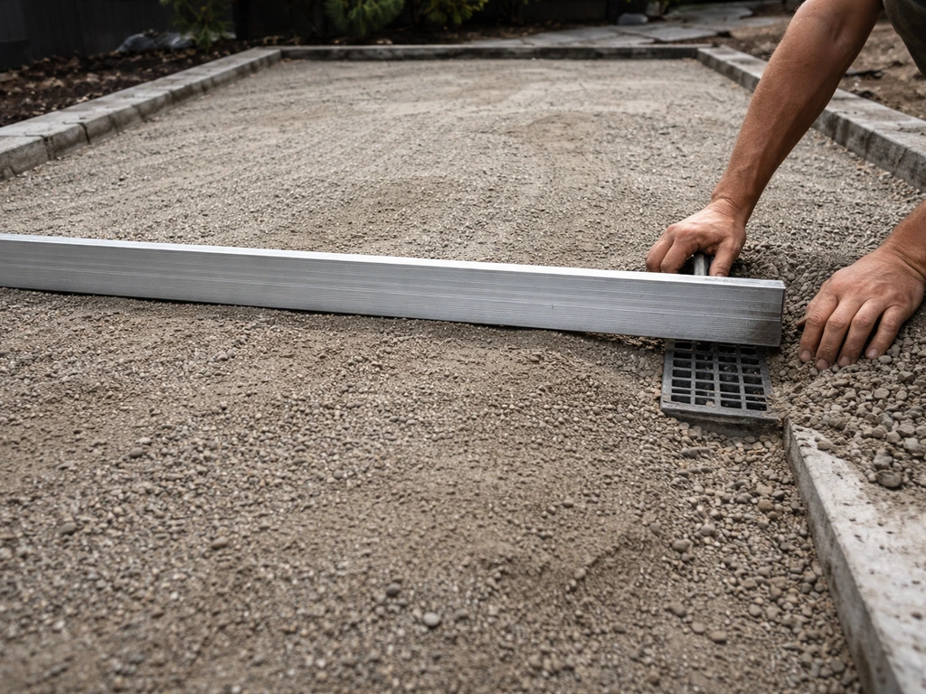 Close-up of patio base grading with a screed showing slope toward a drain