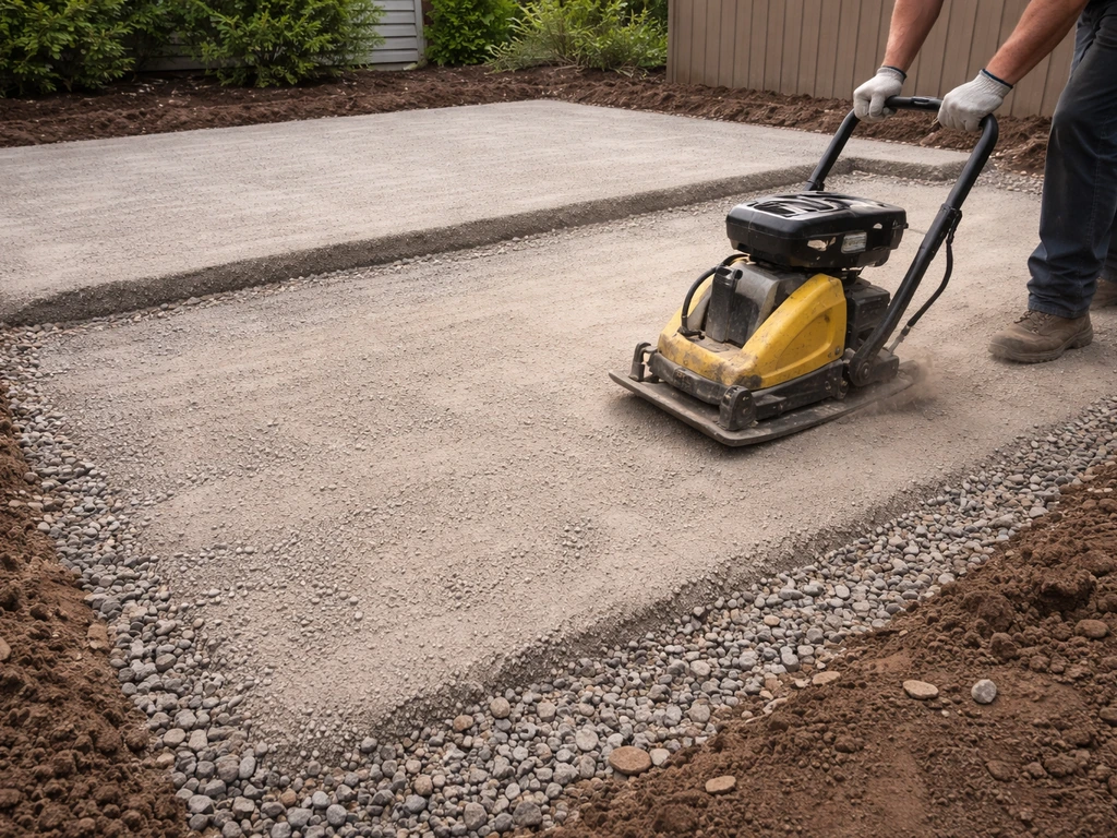 Minimal outdoor patio base build: compacted gravel layers, plate compactor compressing, level screeded surface.