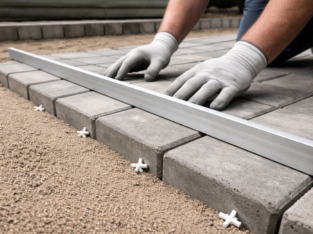Person’s hands placing concrete pavers on a sand bed patio, using spacers and a straightedge for level lines.