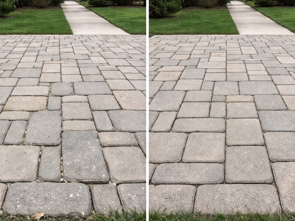 Split before/after of a patio paver base: uneven settling and gaps on the left, neatly set pavers on the right.