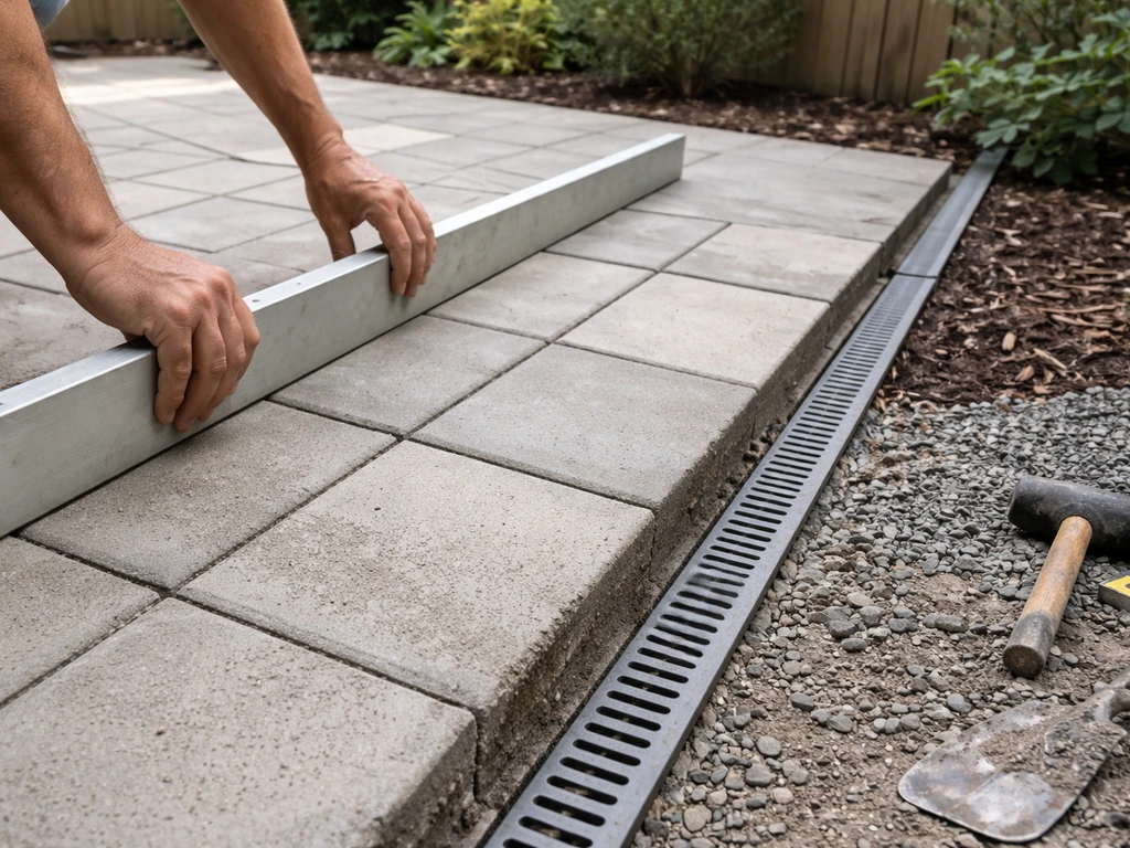 Hands using a long straightedge on a graded patio sloping toward a drainage edge.