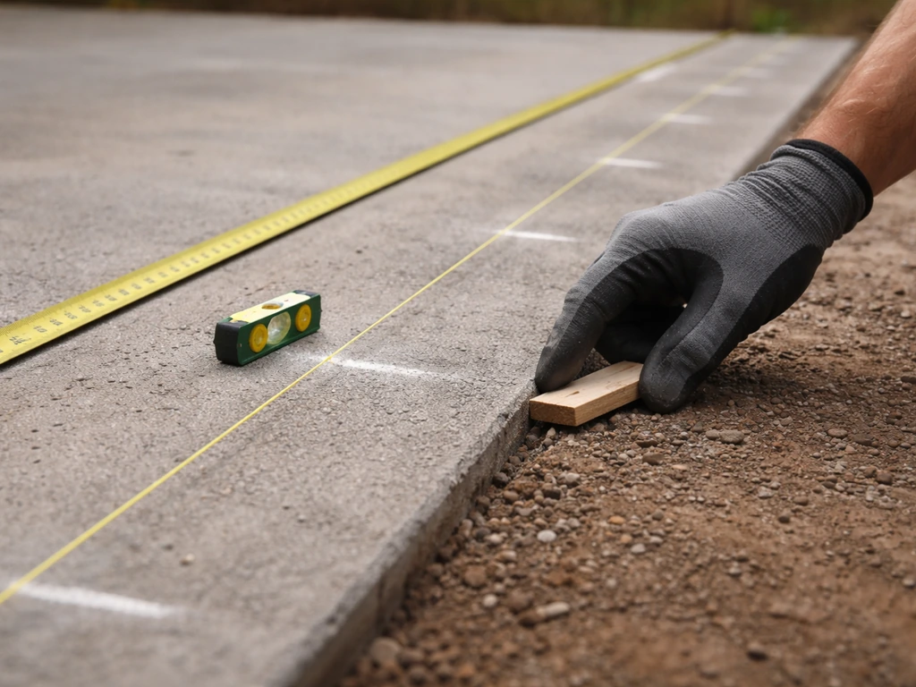 Close-up of patio surface with tape measure and marked points showing 1/4-inch drop per foot slope