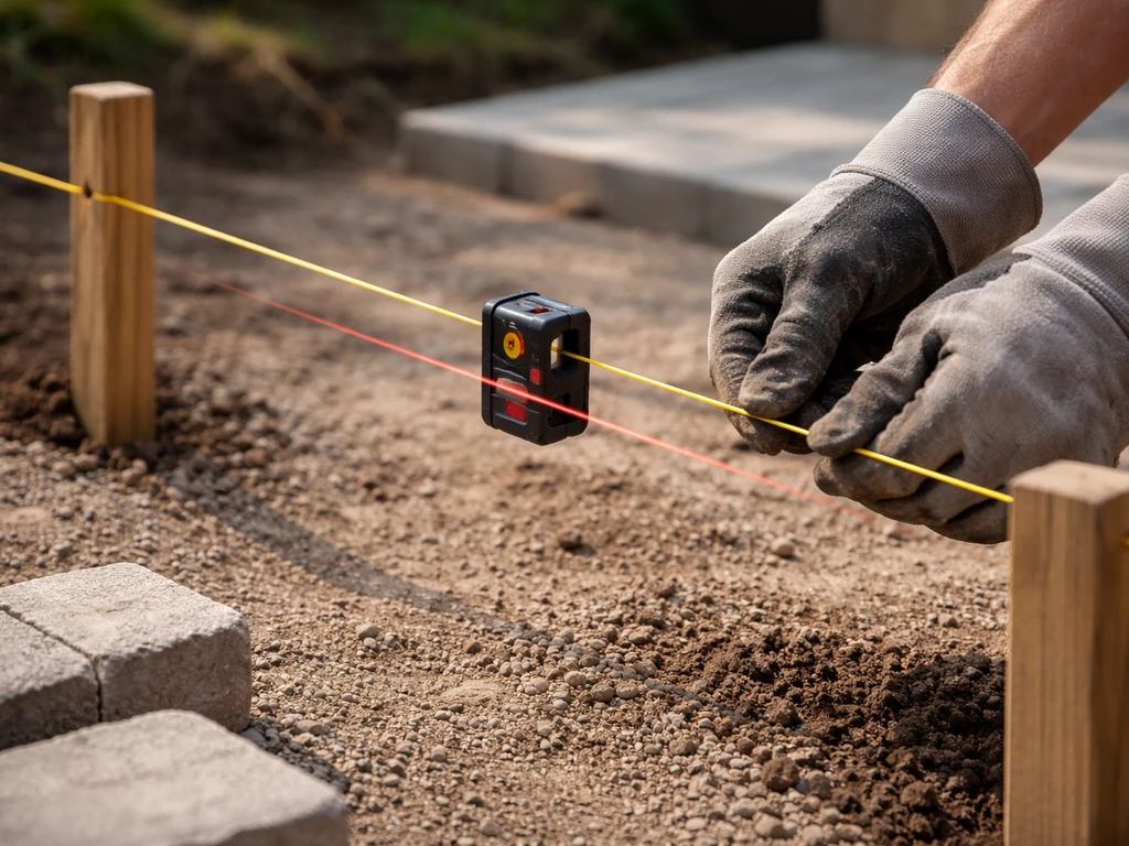 DIY patio grade setup with a taut mason’s string line and a line level between two stakes