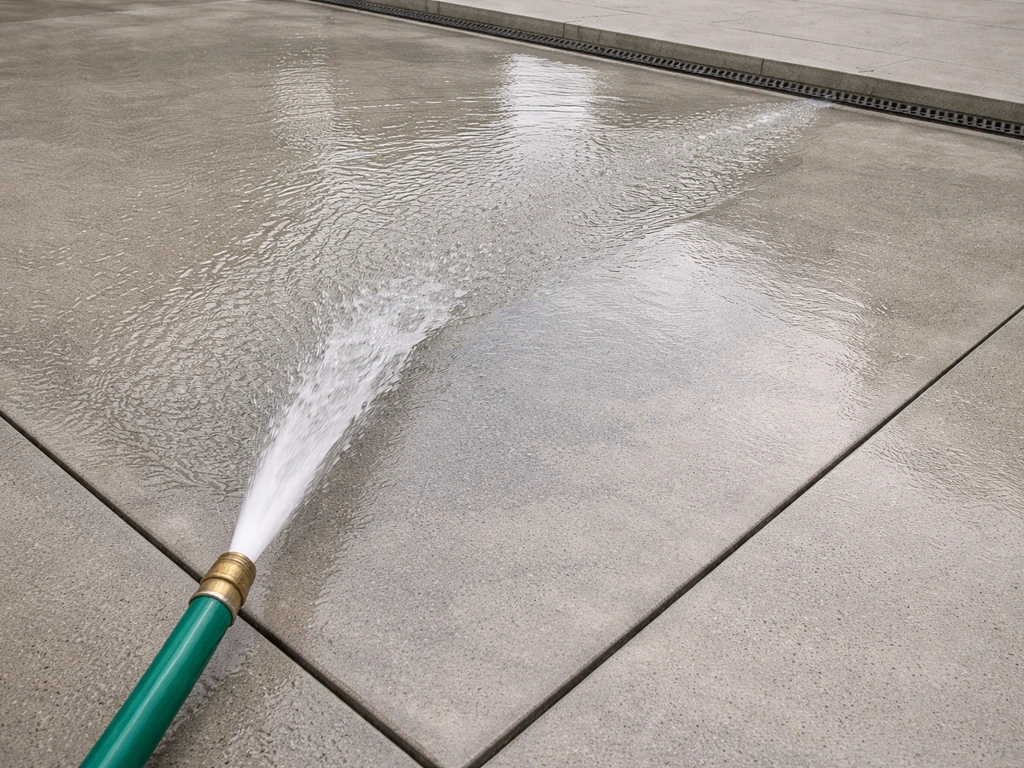 Garden hose water flows across a finished patio surface toward a drain edge, reducing a small pooling spot.