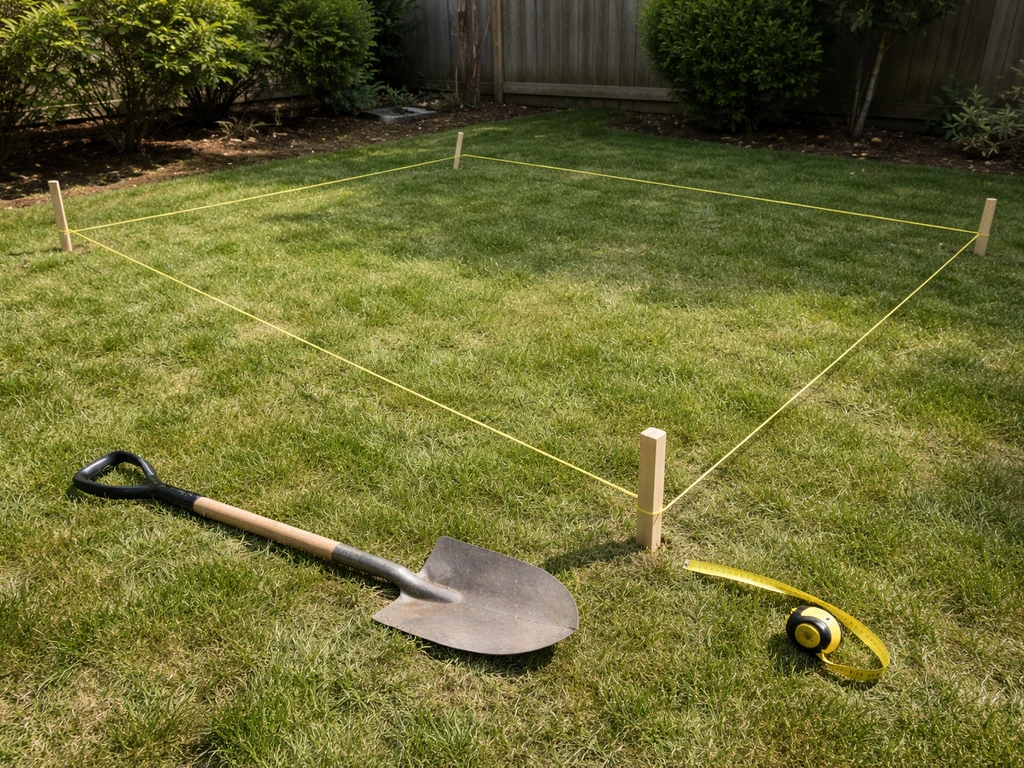 Wood stakes and taut string mark a rectangular gravel patio footprint on a backyard lawn.