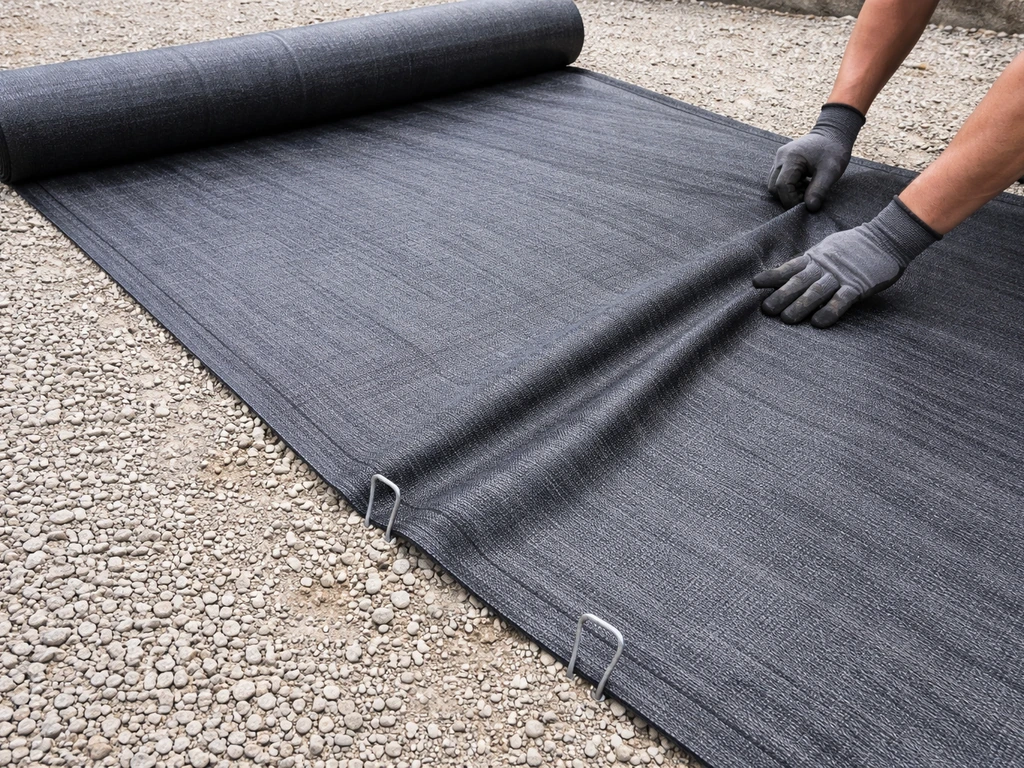 Woven landscape fabric roll unrolled over prepared gravel patio base, edges overlapped and secured with staples.
