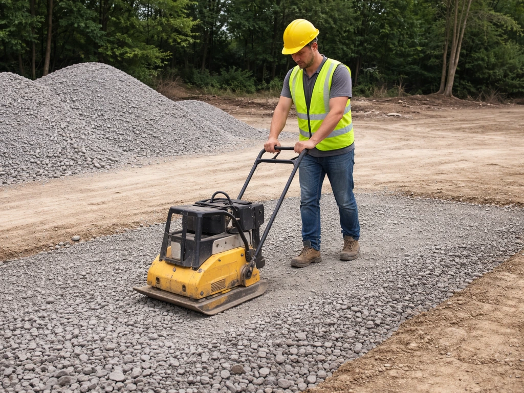 Worker compacts a shallow layer of crusher run with a vibrating plate compactor at a construction site.