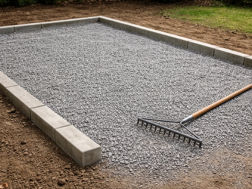 DIY patio prep showing installed edging with gravel spread and a rake leveling the surface