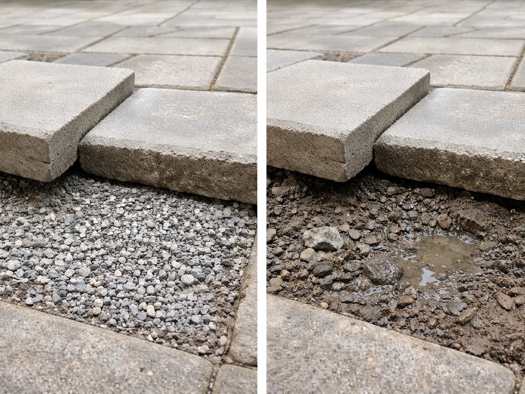 Close-up of a patio paver lifted to show hard-packed crushed-stone base versus soft muddy base nearby.