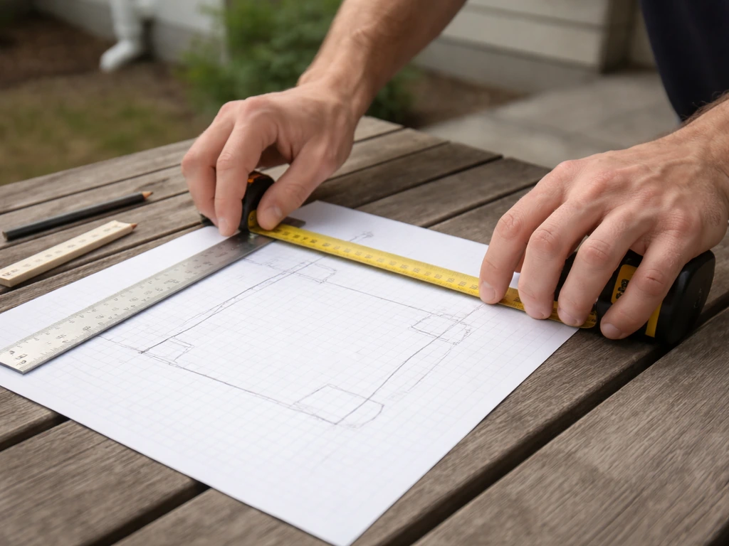Person measuring a patio plan: tape measure and straightedge on paper with marked obstacles