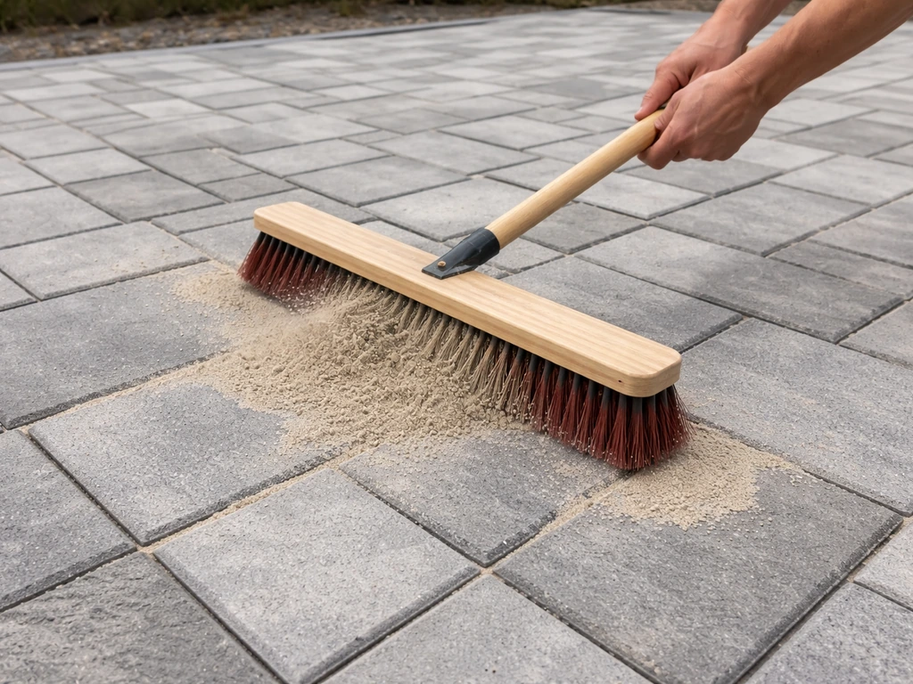 A person using a push broom to sweep polymeric sand into paver joints after installation.