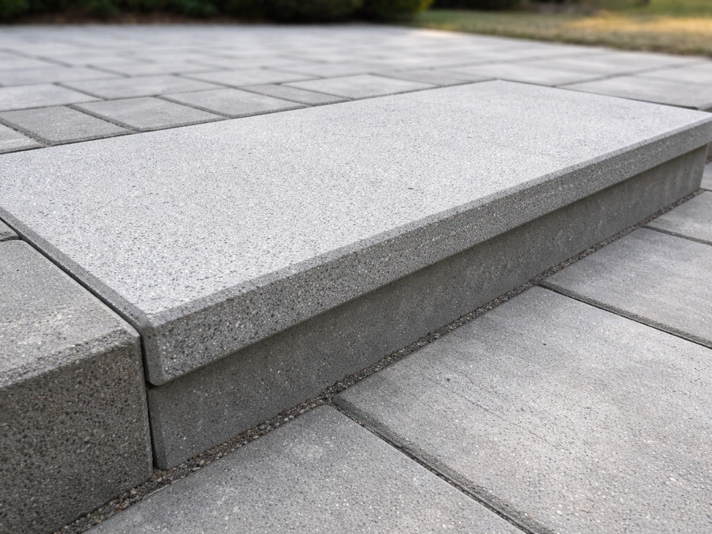 Close view of a finished DIY patio step showing riser and textured anti-slip tread joined to the patio.
