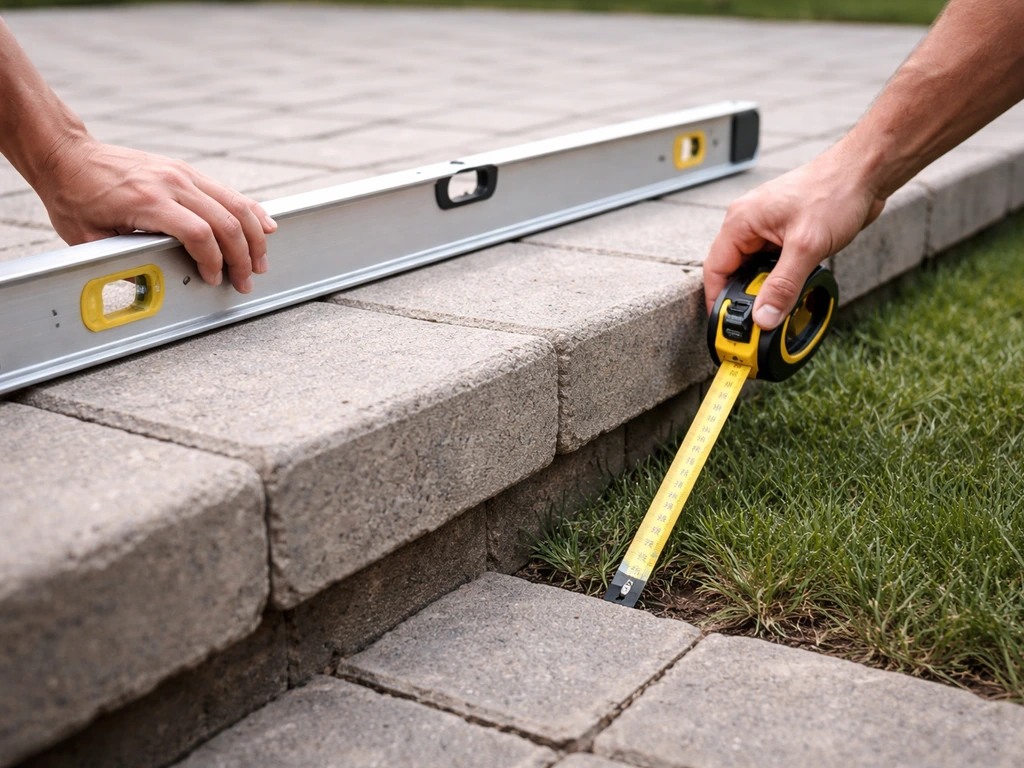 Hands using a tape measure and level straightedge at a patio edge to plan step height and location.