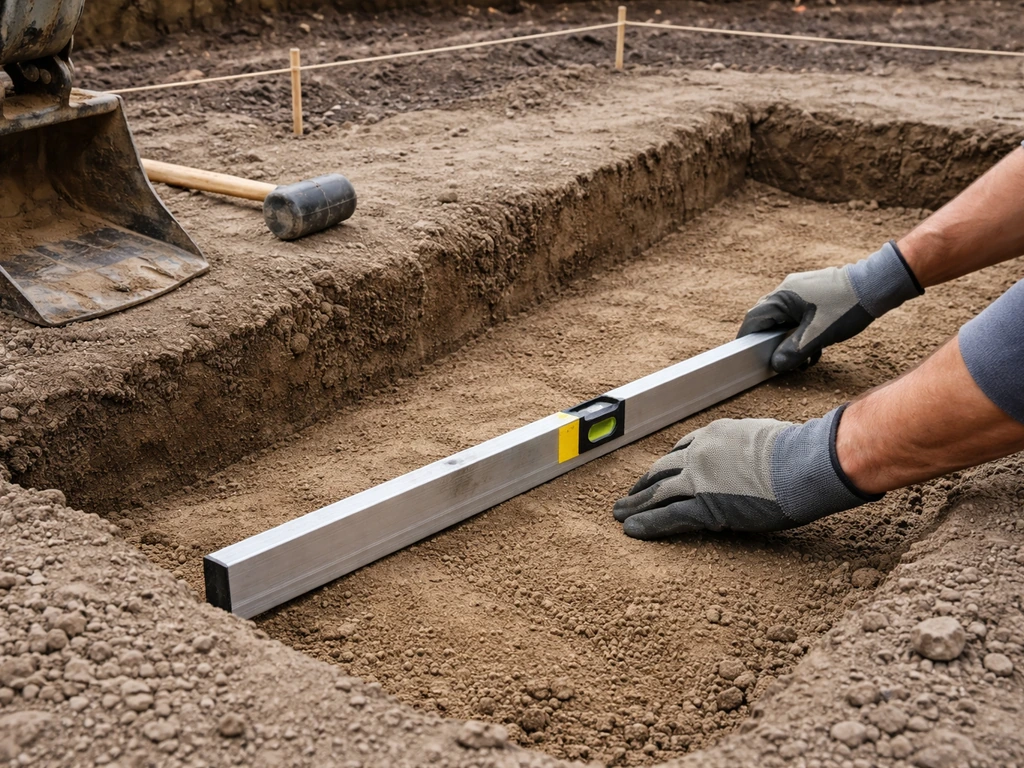 Worker’s gloved hands leveling a freshly excavated soil base for pavers, with simple layout strings visible.