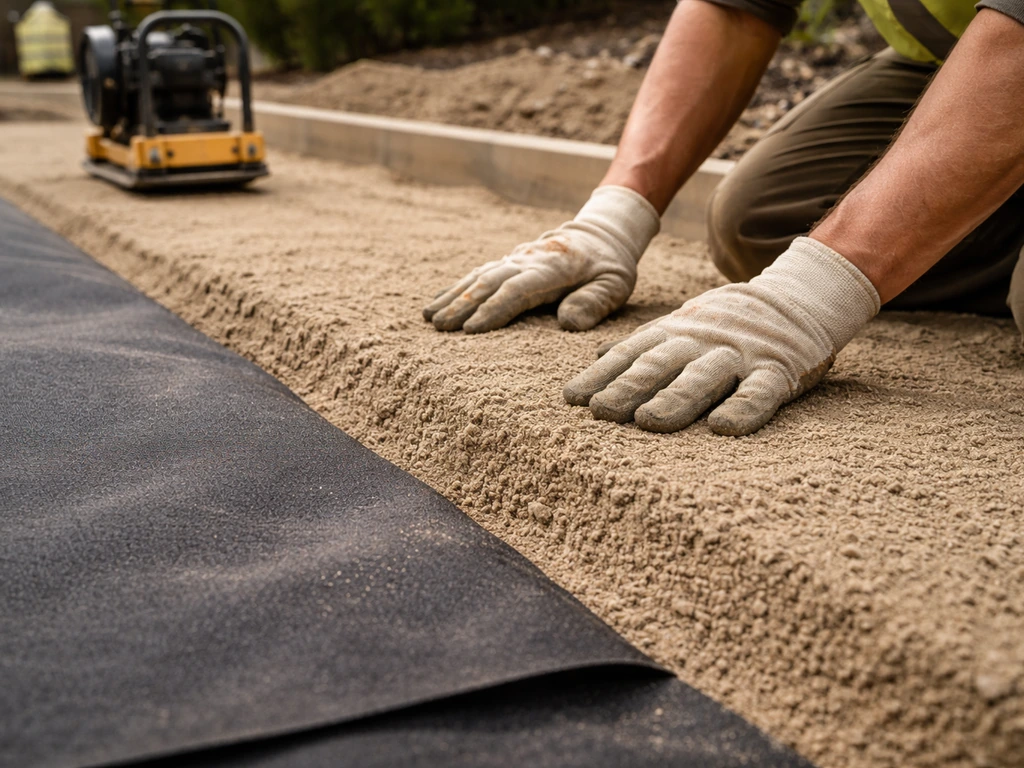 Gloved hands and a plate compactor near a slight drainage slope with geotextile laid over compacted soil.