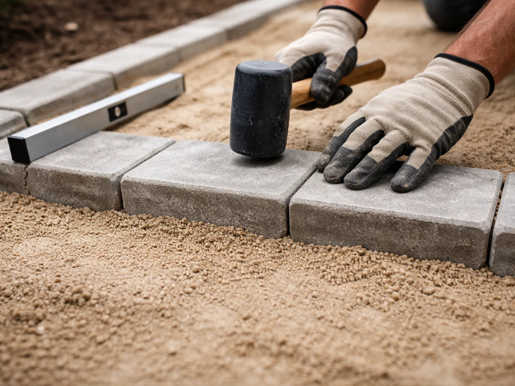 Hands laying tread pavers from the front edge using a rubber mallet over bedding sand