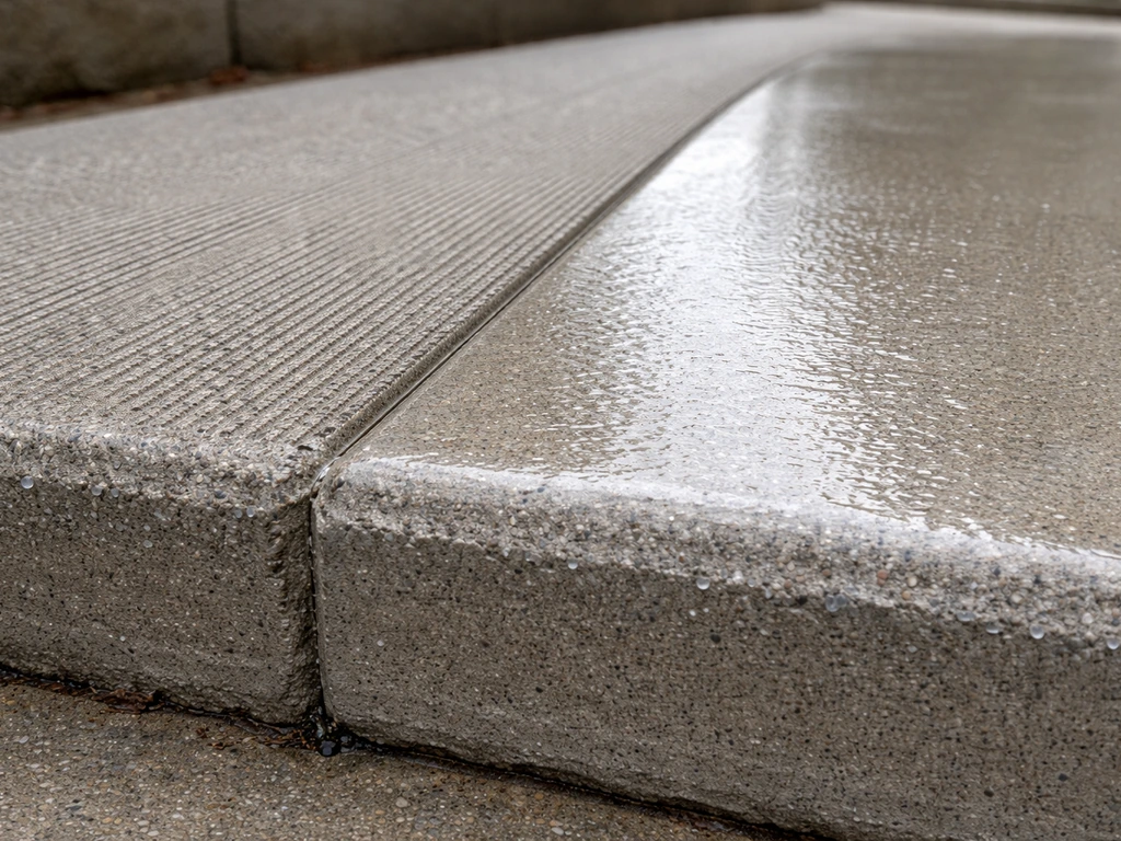 Close-up of broom-finished concrete step tread next to a smooth concrete section, showing anti-slip texture.
