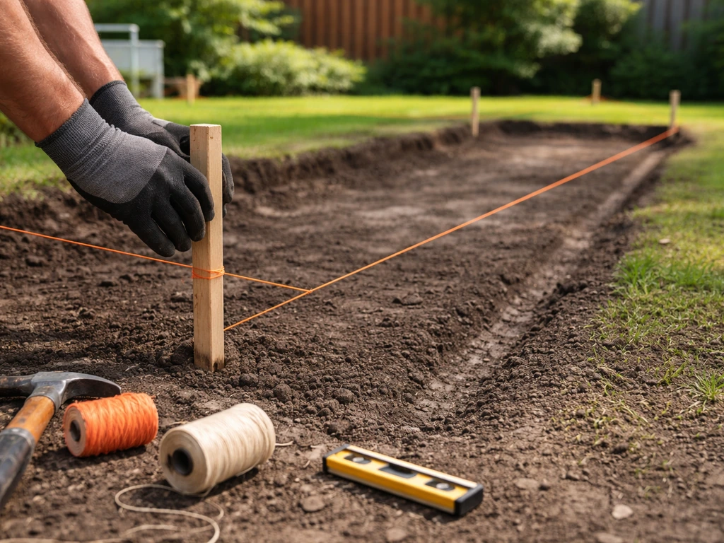 Yard crew uses stakes and mason’s string to mark a patio perimeter showing a slight slope for drainage.