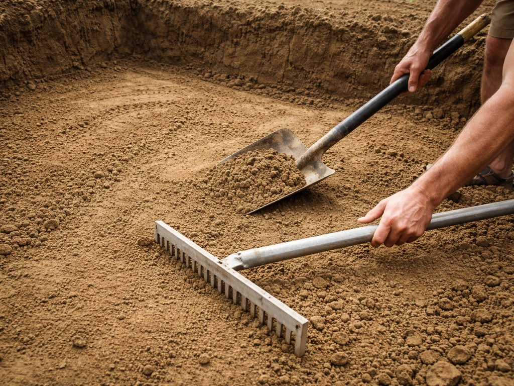 Close-up of a homeowner using a shovel and grading rake to shape a freshly excavated subgrade