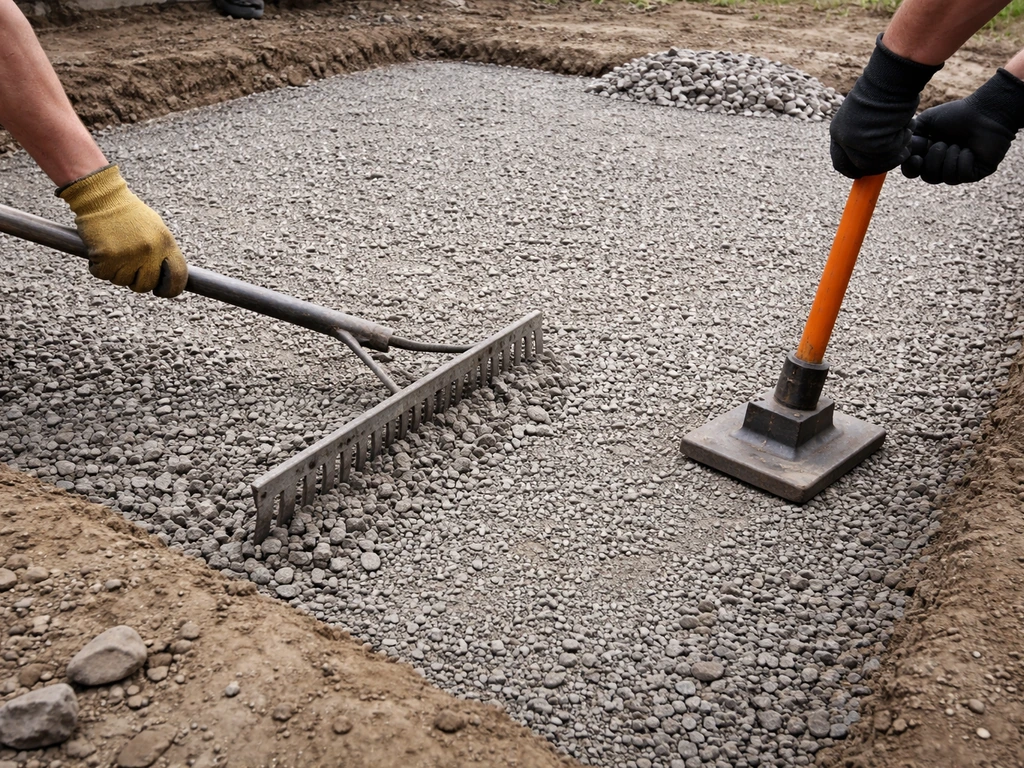 Hands using a rake and hand tamper to spread and compact a thick layer of gravel base for pavers