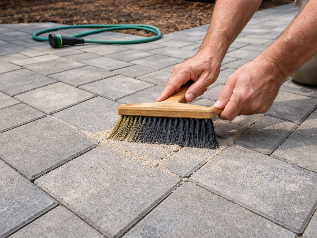 Hands sweeping polymeric sand into patio paver joints, with a garden hose nearby and no spraying.