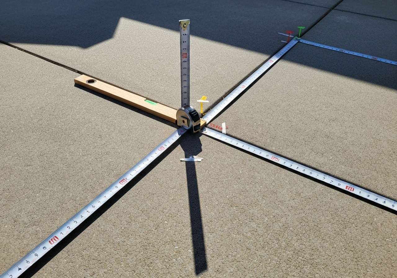 Tape measure laid along a patio edge showing total rise and tread run measurement points