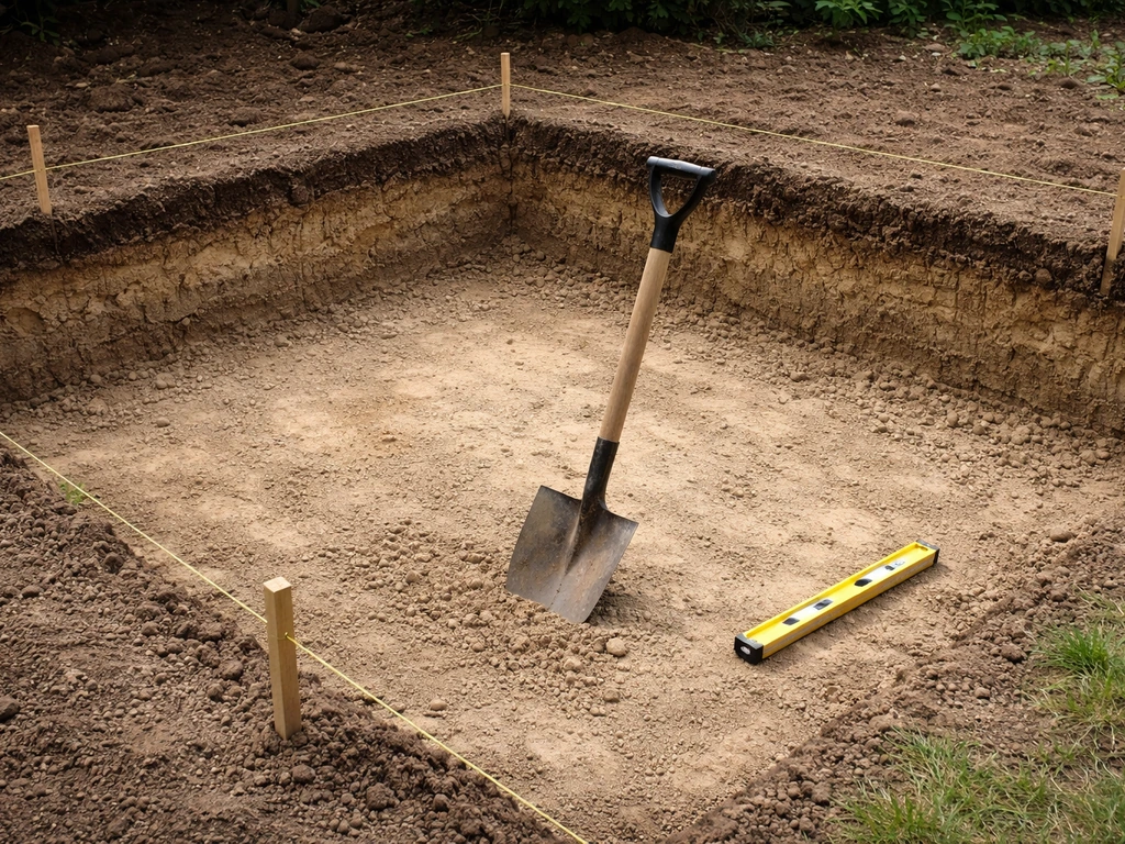 Excavated area showing compacted subgrade with shovel and level, footprint marked by stakes for step installation.