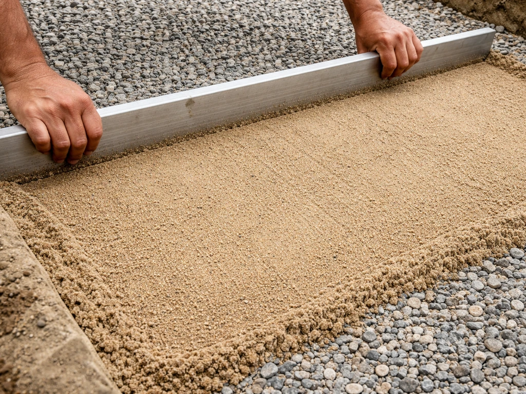 Close-up of coarse bedding sand being leveled and screeded flat over compacted gravel for paver steps.