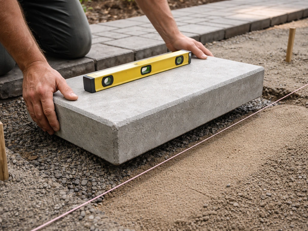 Hands lower a precast concrete patio step onto a leveling bed while checking alignment with a long level.