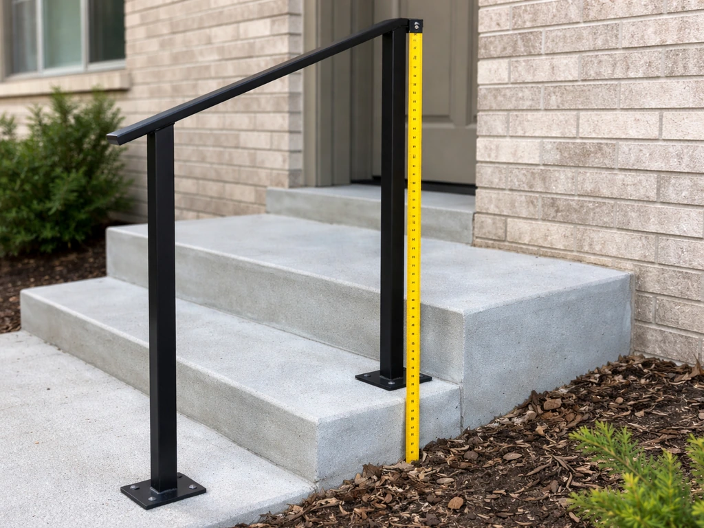 Close-up of patio steps with a correctly positioned handrail and a tape measure showing height.