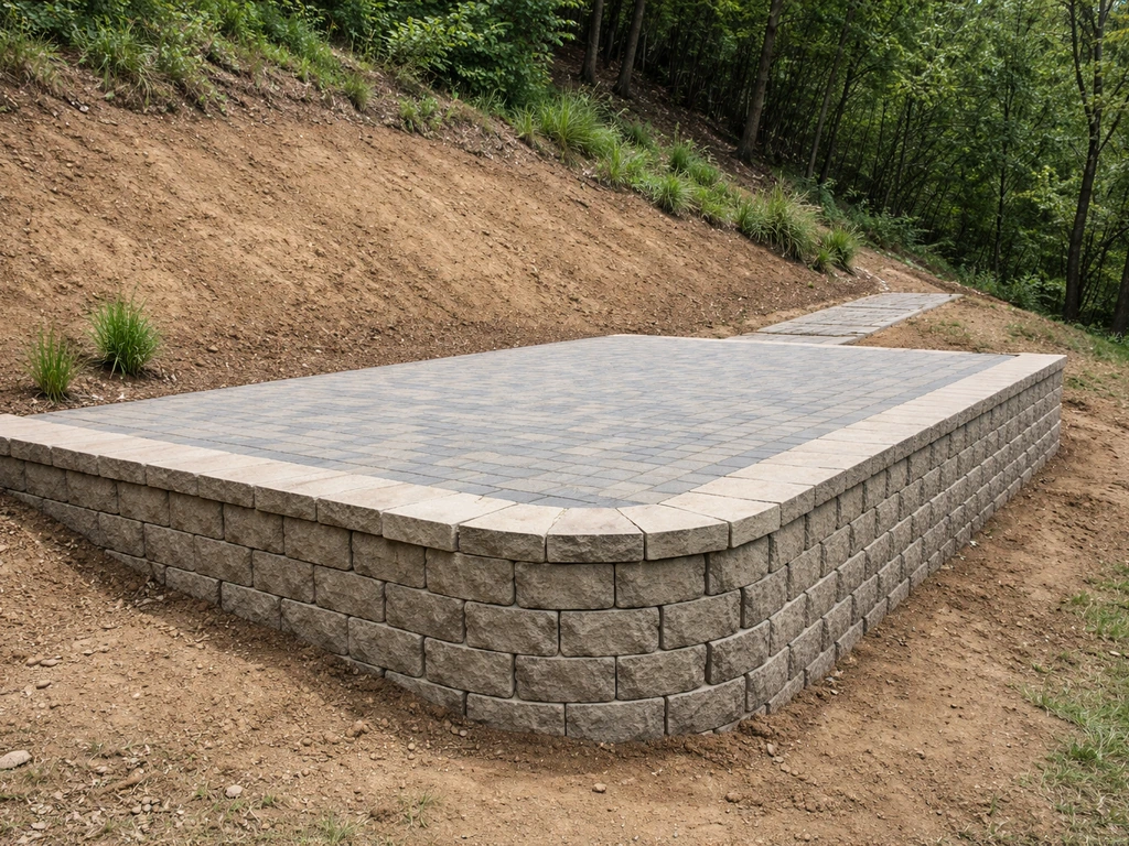 Steep-slope backyard showing a segmental retaining wall with compacted fill supporting a level patio.